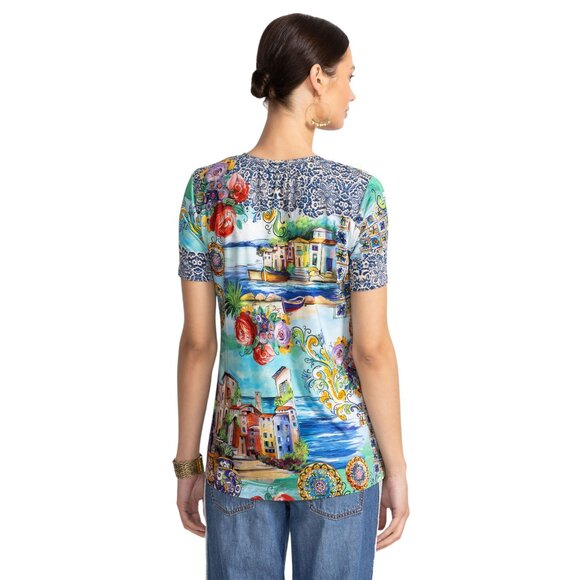 Johnny Was Janie Favorite Christy Short Swing Tee Floral Shirt Green Blue Top NW - Picture 3 of 9